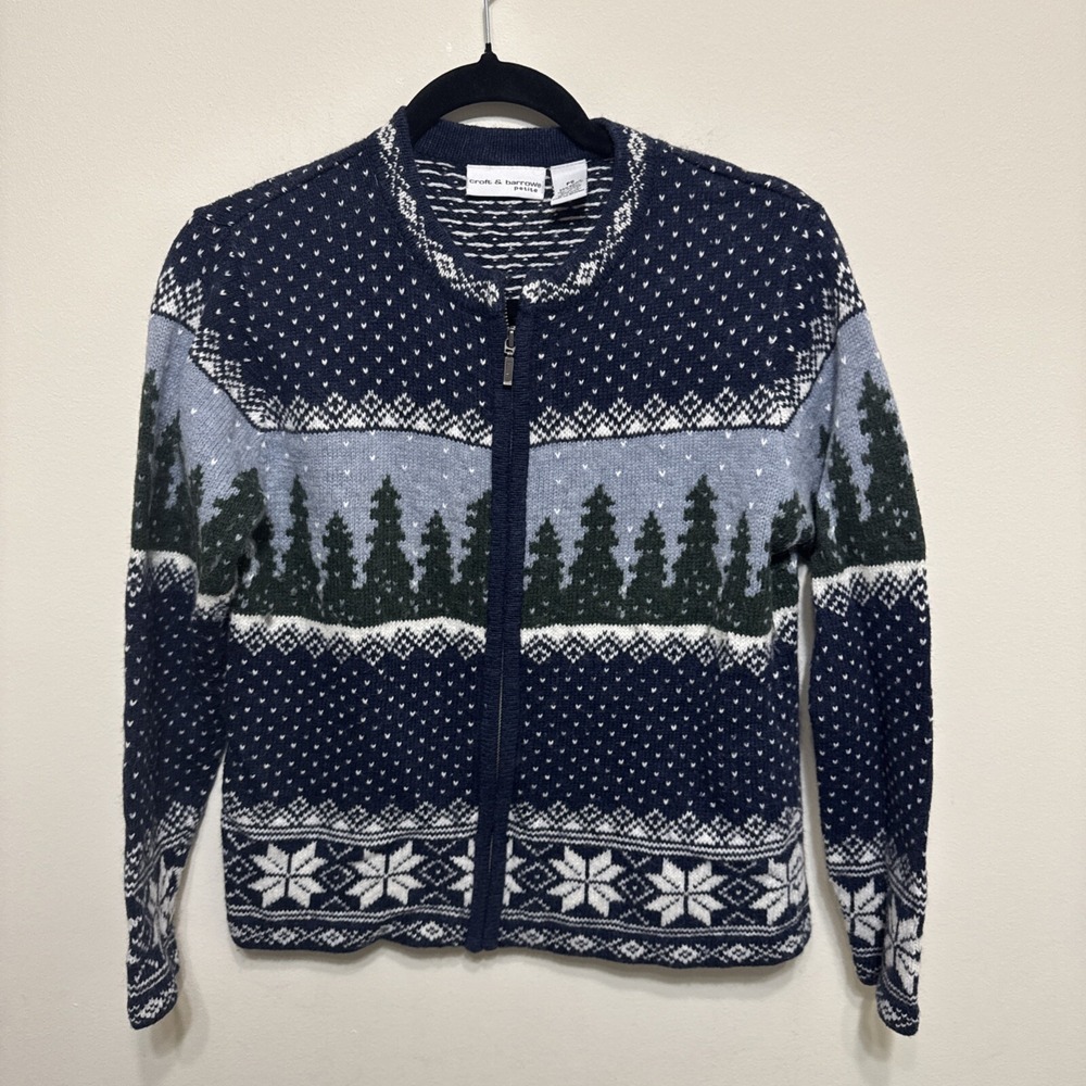 Croft & Barrow Petites PS Full Zip Blue Fair Isle Winter Sweater EUC